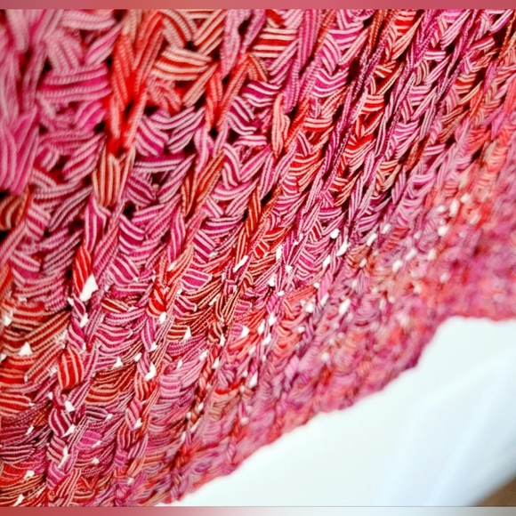 Nic + Zoe Pink & Red Airy Macrame Ribbon Knit Fringe Sweater, Medium Size, - Picture 10 of 16